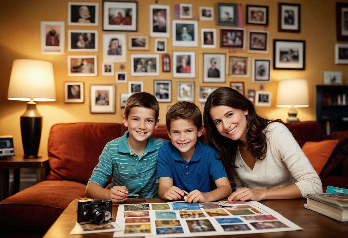 A vibrant scene showcasing a smiling family looking at a digital screen filled with colorful, digitized thumbprints and cherished photos from their past. In the background, a whimsical blending of old analog cameras and modern scanning devices symbolize the transition from physical to digital memories. Soft warm light envelops the scene, creating a feeling of nostalgia and joy. The setting is cozy, with decorative details like picture frames and family heirlooms around. super-realistic. vibrant colors. warm tones.