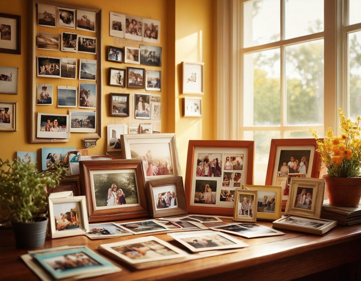 A beautifully arranged workspace featuring a high-tech photo scanner surrounded by vibrant printed photos showcasing joyful moments: families laughing, kids playing, and friends celebrating. Sunlight filtering through a window enhances the warm atmosphere, with a hint of nostalgia in the air. Include a soft-focus background of vintage photo frames to evoke fond memories. super-realistic. vibrant colors. warm lighting.